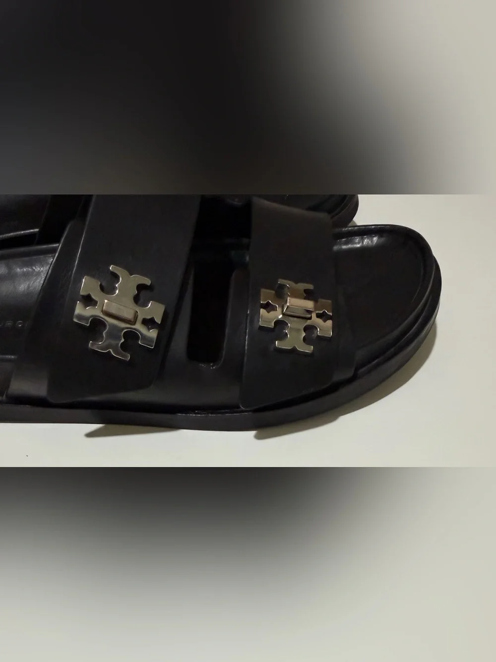 Tory Burch TURNLOCK SPORT SLIDE Black Leather Sz 9 Silver Logo Hardware